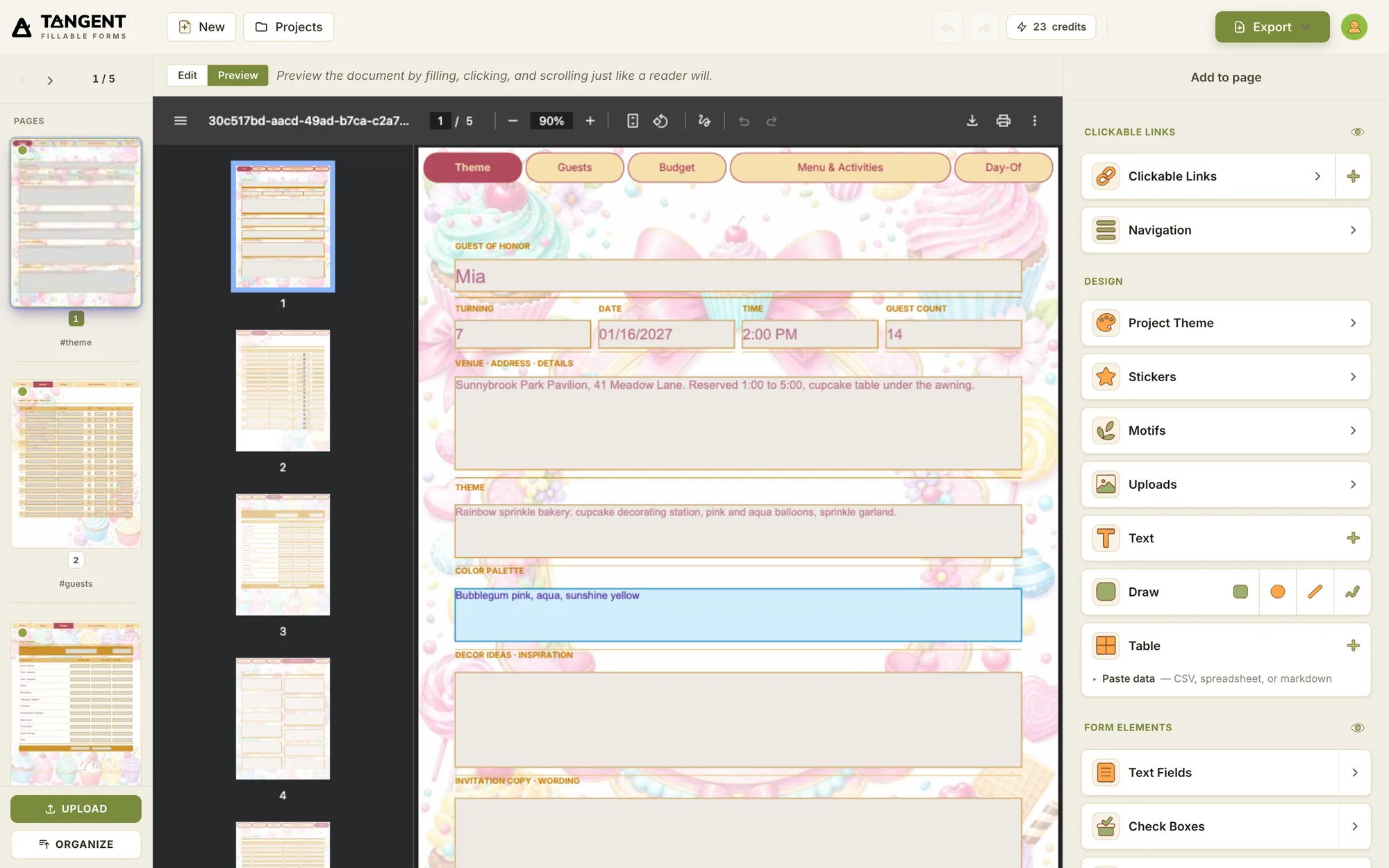 The Tangent editor in preview mode: a tabbed planner with clickable tabs and fillable form fields.