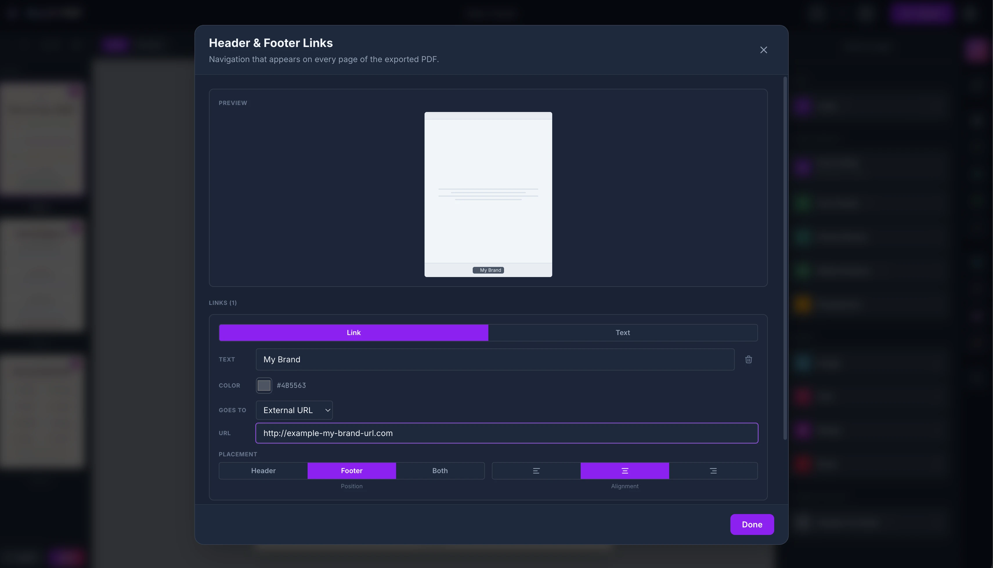 Tangent editor showing a custom header and footer applied across every page of a document.