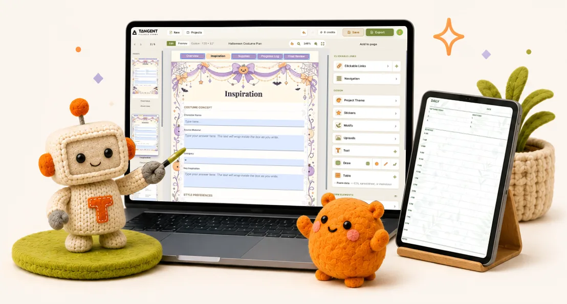 Tangent editor on a laptop with crochet characters, a tablet, and a plant