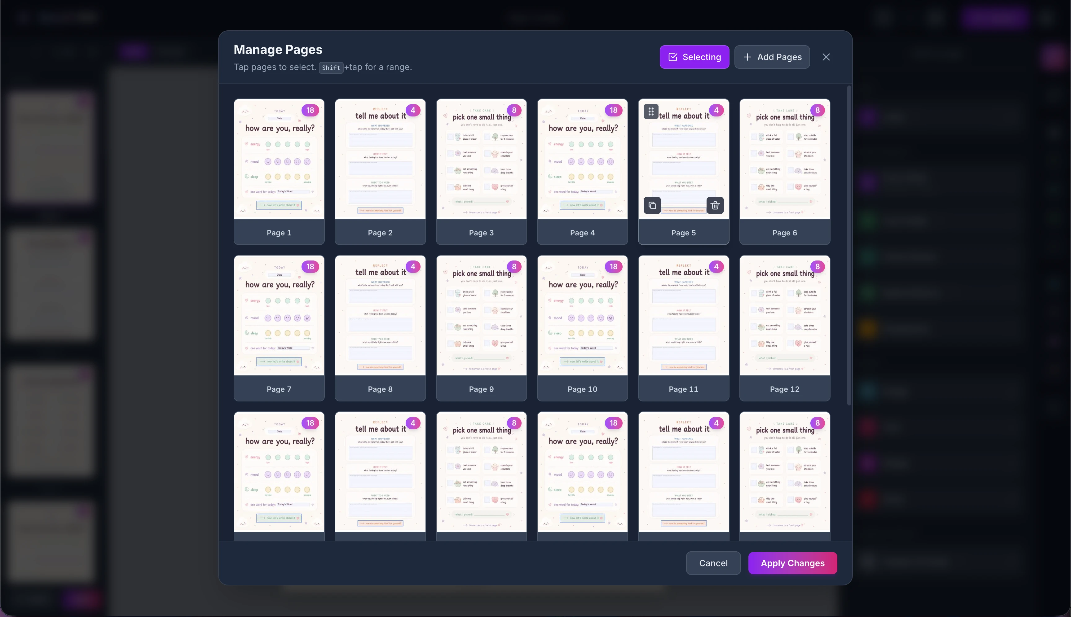 Tangent Manage Pages dialog showing page thumbnails selected for reordering and duplication.