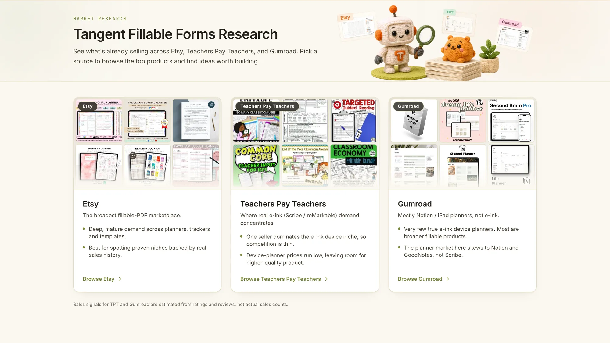 The Tangent Research hub showing top sellers across Etsy, Teachers Pay Teachers, and Gumroad