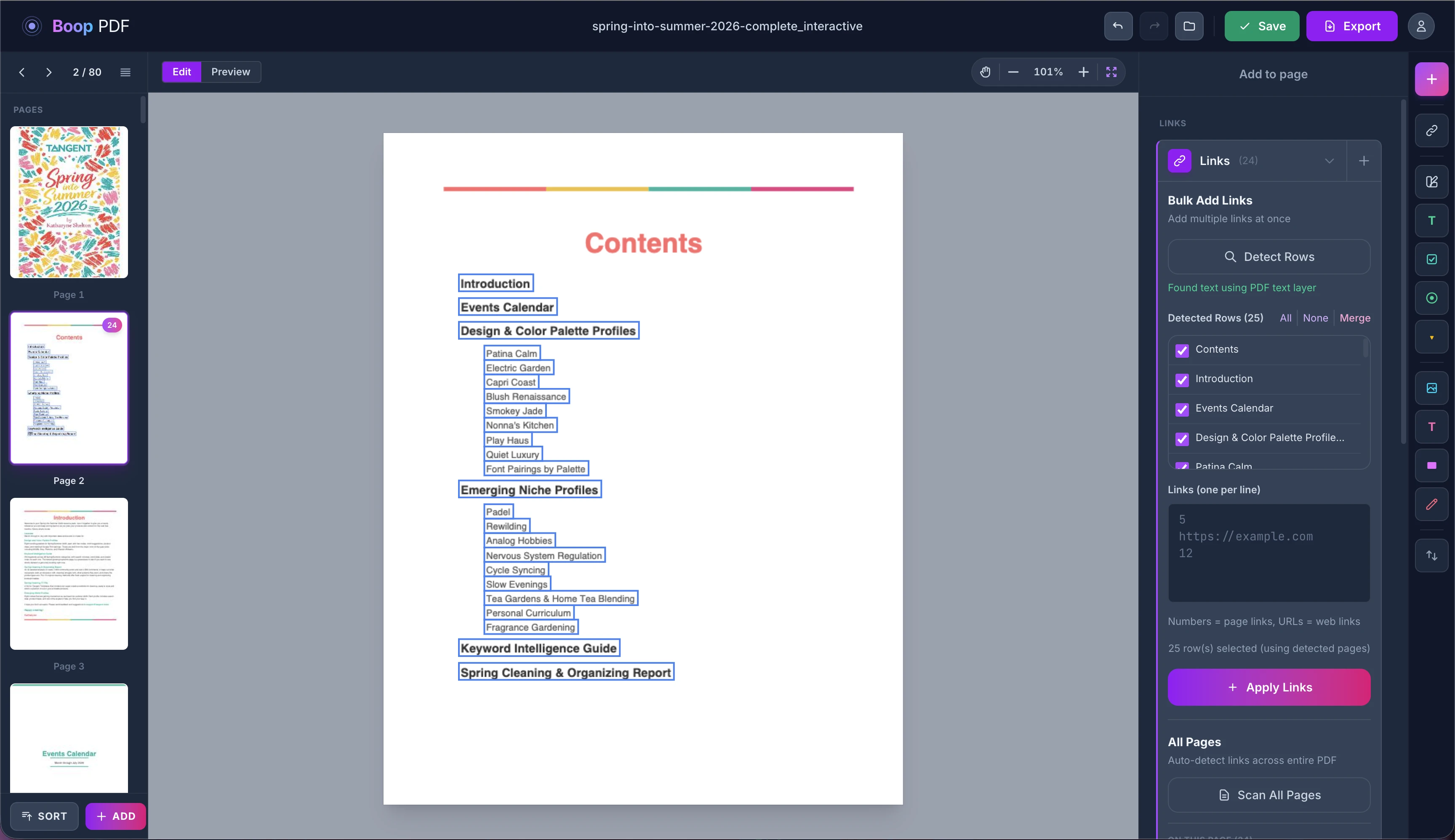 Tangent editor showing automatic table-of-contents detection on a PDF page.