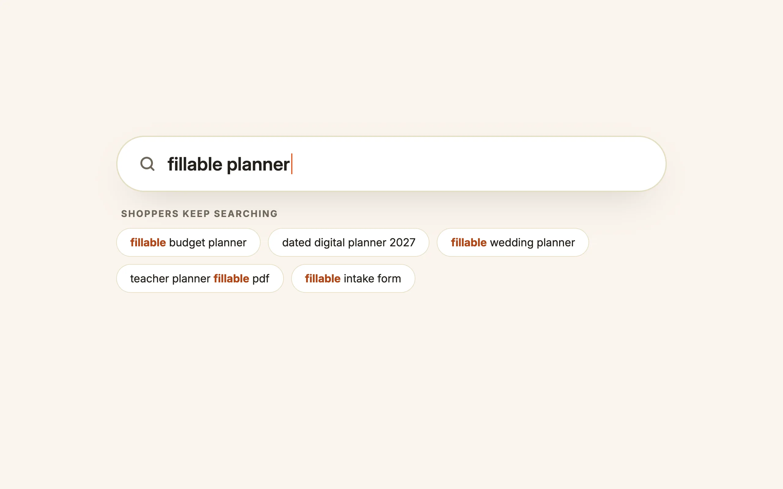 A marketplace search for the word fillable
