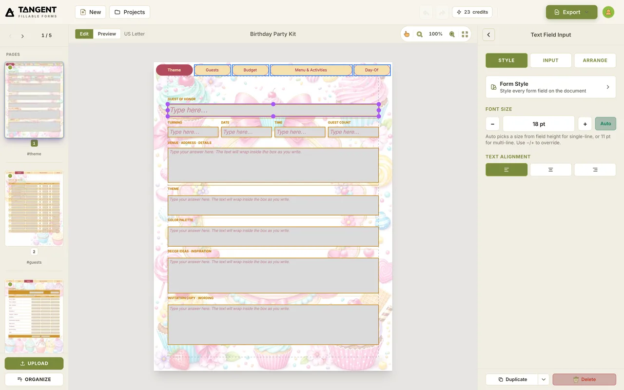 Placing a form field in the Tangent editor